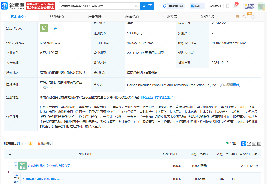 博納影業(yè)海南新設公司，注冊資本達億元，業(yè)務覆蓋影視制作全鏈條:影視制作